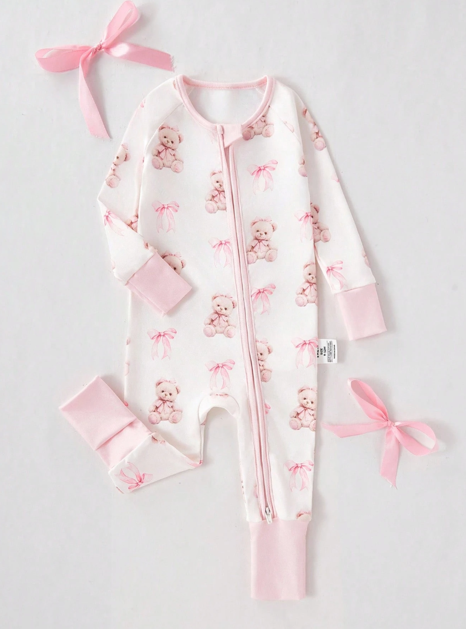Pink Bear Zipper Baby Sleep Jumpsuit