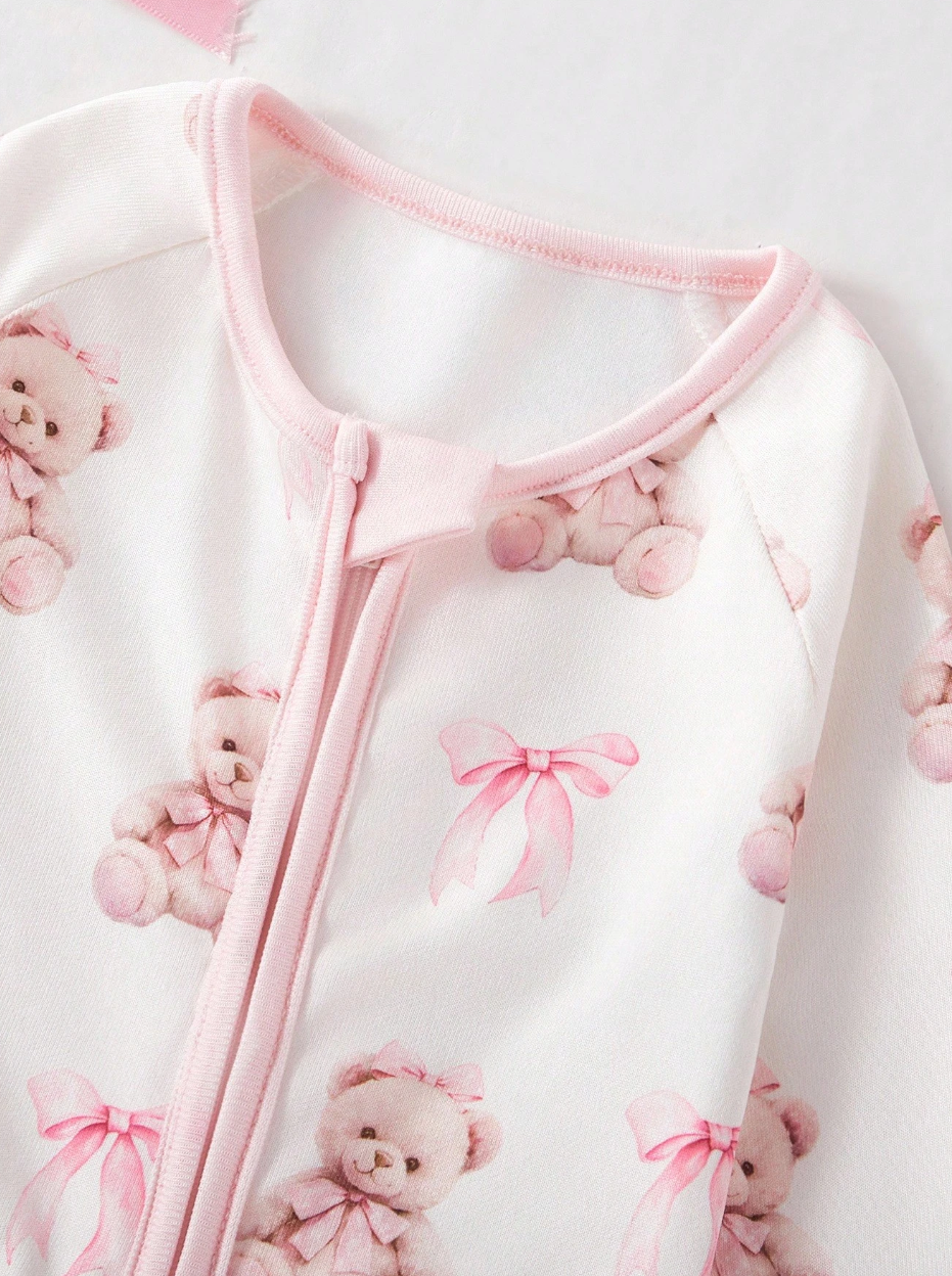 Pink Bear Zipper Baby Sleep Jumpsuit