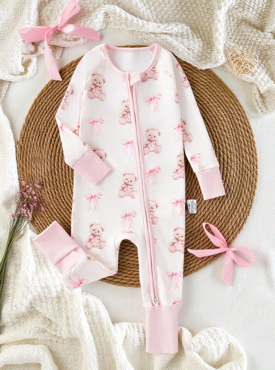 Pink Bear Zipper Baby Sleep Jumpsuit
